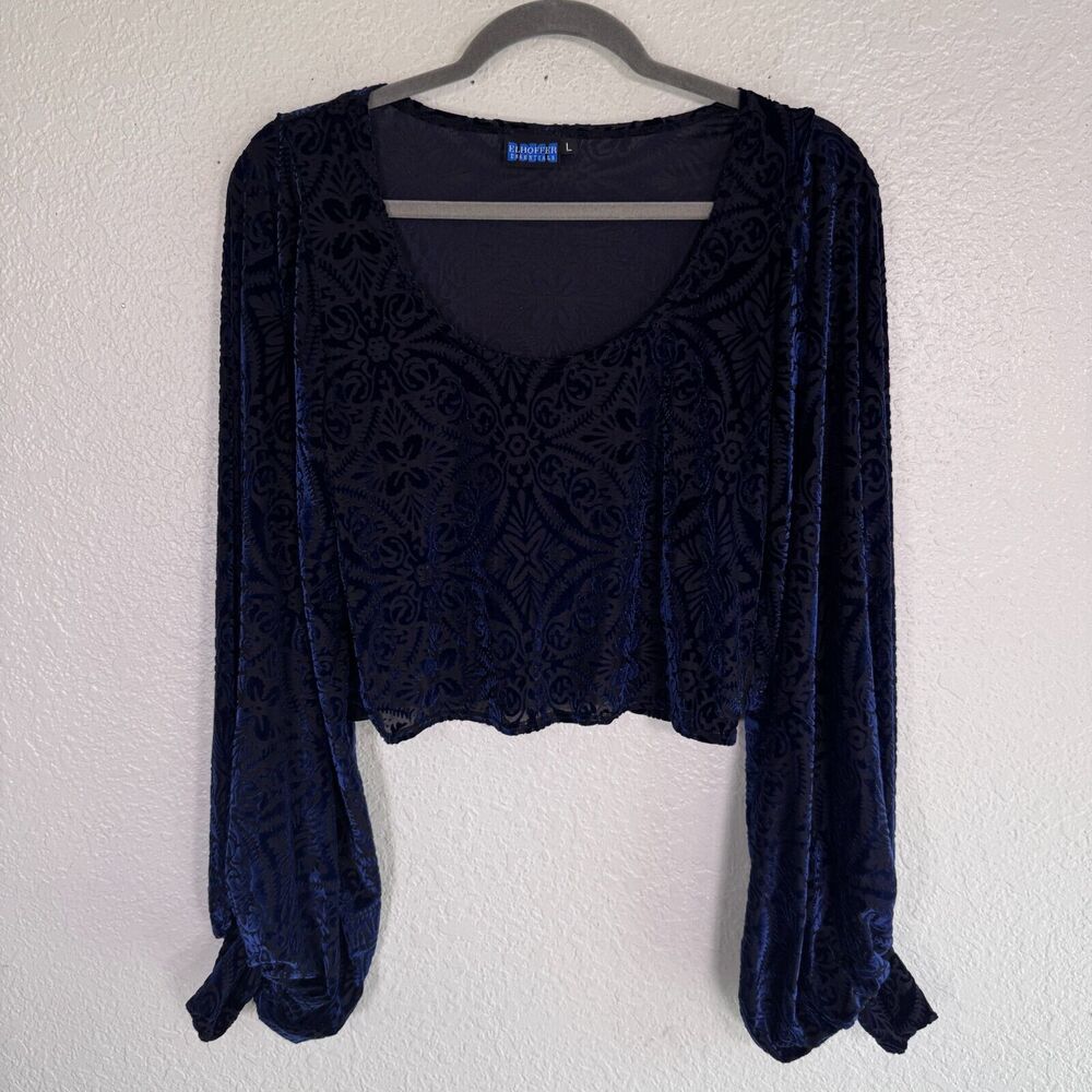Elhoffer Top Womens Large Tabitha Blouse Floral Burnout Boho Whimsigoth Blue L